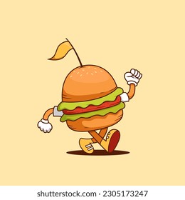 walking burger cartoon illustration, retro burger cartoon mascot vector illustration in walk pose happily