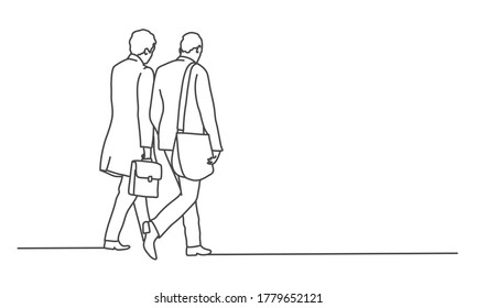 Walking business people. Rear view. Line drawing vector illustration.