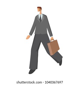 Walking businessman with briefcase. Flat vector character illustration, isolated on white background.