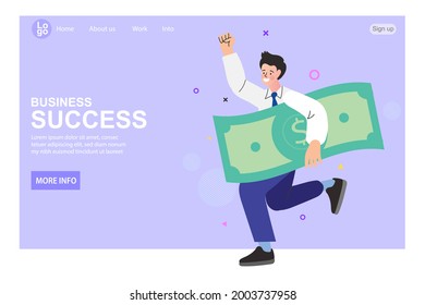 A walking businessman holds a large sum of money and hugs it in his arms. Success financial rich concept. Business man keeps money. Business concept cartoon vector illustration.
