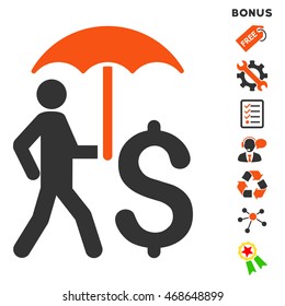 Walking Businessman With Umbrella icon with bonus pictograms. Vector illustration style is flat iconic bicolor symbols, orange and gray colors, white background, rounded angles.