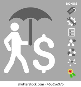 Walking Businessman With Umbrella icon with bonus pictograms. Vector illustration style is flat iconic bicolor symbols, dark gray and white colors, silver background, rounded angles.
