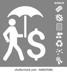 Walking Businessman With Umbrella icon with bonus pictograms. Vector illustration style is flat iconic symbols, white color, gray background, rounded angles.
