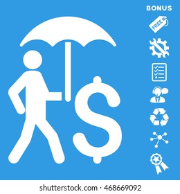 Walking Businessman With Umbrella icon with bonus pictograms. Vector illustration style is flat iconic symbols, white color, blue background, rounded angles.