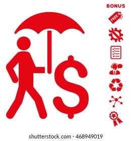 Walking Businessman With Umbrella icon with bonus pictograms. Vector illustration style is flat iconic symbols, red color, white background, rounded angles.