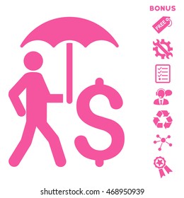Walking Businessman With Umbrella icon with bonus pictograms. Vector illustration style is flat iconic symbols, pink color, white background, rounded angles.