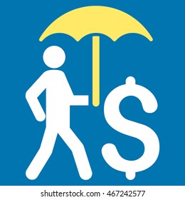 Walking Businessman With Umbrella icon. Vector style is bicolor flat iconic symbol with rounded angles, yellow and white colors, blue background.