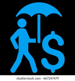 Walking Businessman With Umbrella icon. Vector style is flat iconic symbol with rounded angles, blue color, black background.