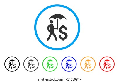 Walking Businessman With Umbrella icon. Vector illustration style is a flat iconic walking businessman with umbrella gray rounded symbol inside light blue circle with black, gray, green, blue, red,