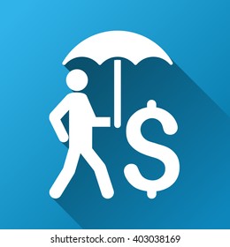 Walking Businessman under Umbrella vector toolbar icon for software design. Style is a white symbol on a square blue background with gradient long shadow.