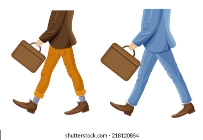 Walking businessmen with suitcase. Faceless vector illustration. Men's leg in socks, shoes and trousers for your design.