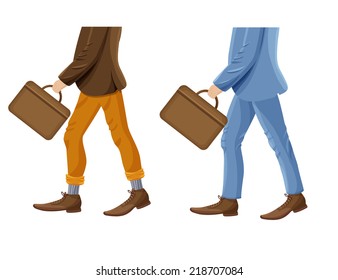 Walking businessmen with suitcase. Faceless vector illustration. Men's leg in socks, shoes and trousers for your design.