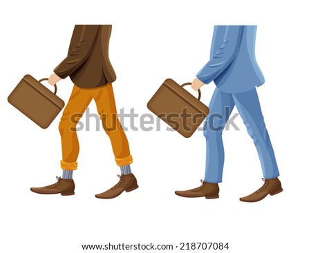 Walking businessmen with suitcase. Faceless vector illustration. Men's leg in socks, shoes and trousers for your design.