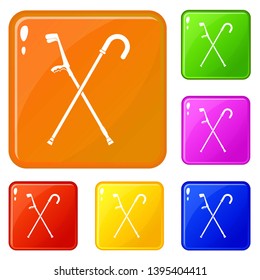 Walking cane icons set collection vector 6 color isolated on white background