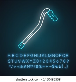 Walking cane, stick neon light icon. Mobility aid device for disabled people. Senior, elderly person walking assistance. Glowing sign with alphabet, numbers and symbols. Vector isolated illustration