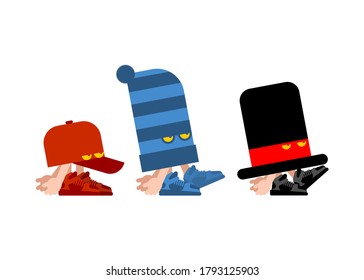 Juego de gorras para caminar. El sombrero con los ojos se mueve