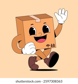 Walking cardboard box retro cartoon