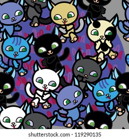 walking cartoon cats on grass at night