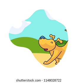 Walking cartoon cute dog landscape background in shape. Character with strokes vector illustration