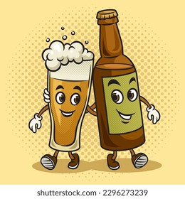 Walking cartoon glass of beer with beer bottle friends pinup pop art retro vector illustration. Comic book style imitation.