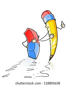 walking cartoon lead pencil and eraser vector illustration isolated on white background