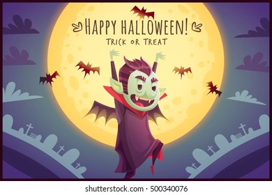 Walking cartoon vampire with flying bats behind on full moon sky background Happy Halloween poster Trick or treat greeting card Vector illustration