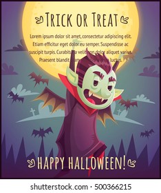 Walking cartoon vampire with flying bats behind on full moon sky background Happy Halloween poster Trick or treat greeting card Vector illustration