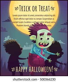 Walking cartoon zombies on full moon sky background Happy Halloween poster Trick or treat greeting card Vector illustration