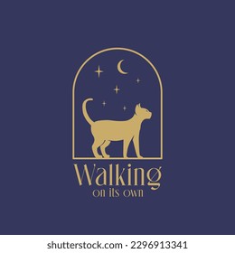 Walking cat abstract vector logo template. Cat silhouette on the night arch window with moon and stars in the sky background. Isolated