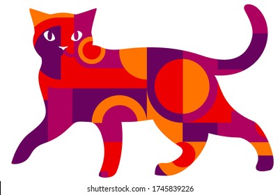 A walking cat filled with geometric pattern, colourful silhouette isolated on white, vector illustration.