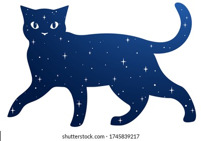 A walking cat filled with stars, black silhouette isolated on white, vector illustration.