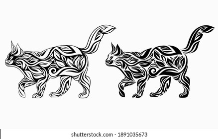 walking cat in floral ornament