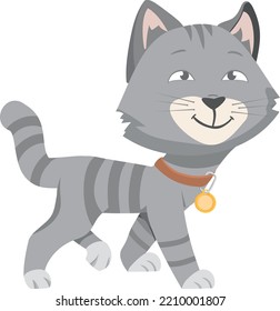 Walking cat icon. Cute gray striped kitten
