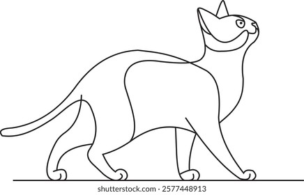 A walking cat in side profile, created with elegant, minimal line art and subtle curves