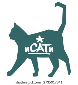 Walking cat silhouette logo with "CAT" text. Teal colored hand drawn feline icon with star element for modern pet shop branding and creative animal apparel.