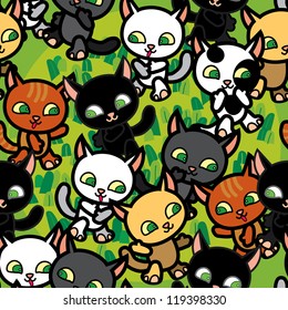 walking cats on grass seamless pattern
