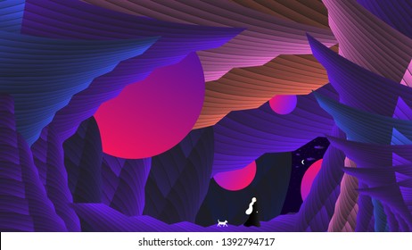 Walking in the caves illustration, girl wandering with dog in fairy place