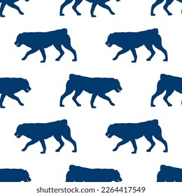 Walking central asian shepherd dog puppy isolated on a white background. Seamless pattern. Dog silhouette. Design for wallpaper, fabric, template, surface design. Vector illustration.