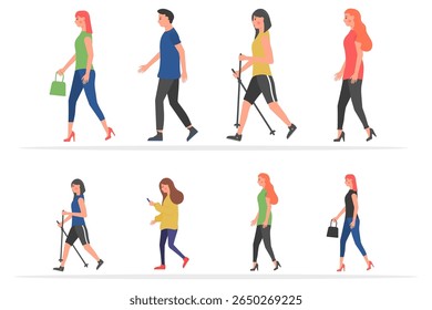 Coleção de caracteres ambulantes. Jovens e adultos em movimento ativo. Cena ao ar livre urbana com ciclistas, andarilhos de cães e figuras elegantes. Design de vetor plano com fundo moderno colorido.

