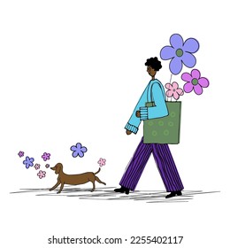 Walking character in a good mood with a bouquet of flowers and a dog. Positive illustration in a flat style on an isolated background. Hand drawn.Vector