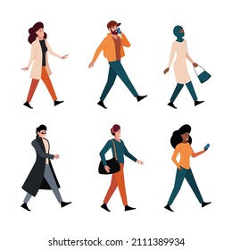 Walking characters. People outdoor couples walking in park city characters male and female person in clothes crowd profiling side garish vector walkers