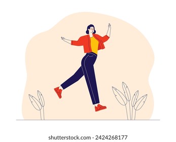 Walking cheerfully while jumping, vector illustration.