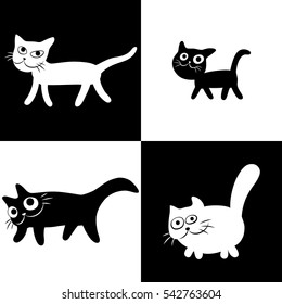 Walking Chess Cats Second Set in Black and white Colors. Funny Cartoon Cool Characters. Cheerful Pet Catlike Web Icons and Shirts. Pictures for Kids. Isolated Vector Illustration.