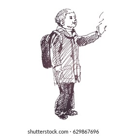 Walking child on the road  in gradient colors