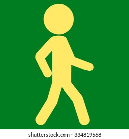 Walking Child vector icon. Style is flat symbol, yellow color, rounded angles, green background.
