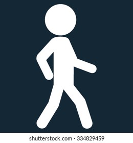Walking Child vector icon. Style is flat symbol, white color, rounded angles, dark blue background.