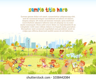 Walking children in City Park. Playground. Template for advertising brochure. Ready for your message. Funny cartoon character. Vector illustration