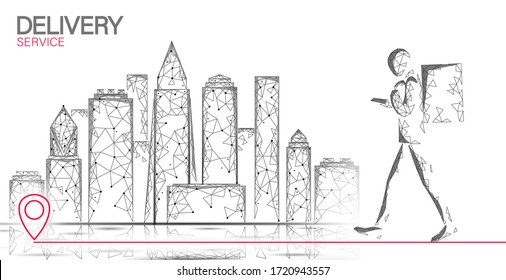 Walking city delivery box. Walk road neon lights food shipping mobile app order. Package quarantine thermal bag backpack dinner meal. Fast delivery concept vector illustration