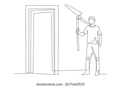 Walking up to the classroom with a science project in tow concept one-line drawing