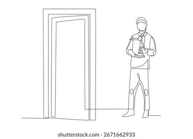 Caminando hacia el aula con un proyecto de ciencia en dos conceptos de dibujo de una línea